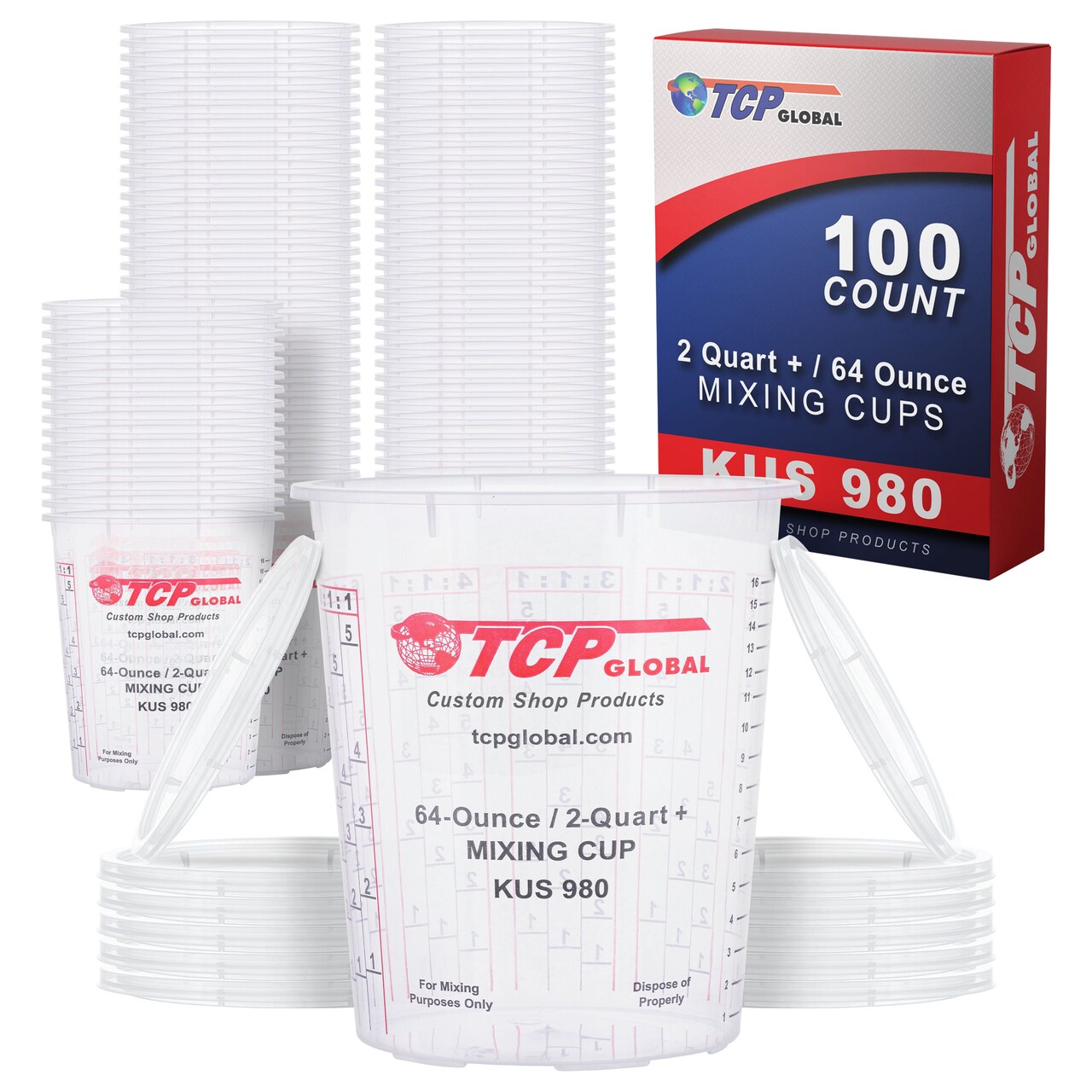 Custom Shop Paint Mixing Cups, 64-Ounce (Box of 100) - Plastic Measuring Cups for Liquids, Automotive Painting, Epoxy Resin, Acrylic Arts, Crafts, Disposable or Reusable, Graduated, Mixing Ratios